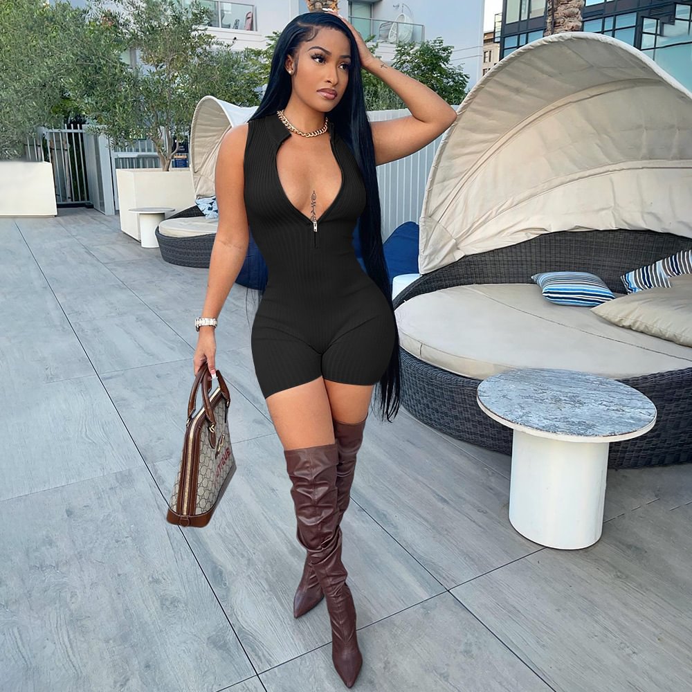 Women's Sexy Sunken Stripe Solid Color Zipper Sleeveless Tight Shorts Jumpsuit