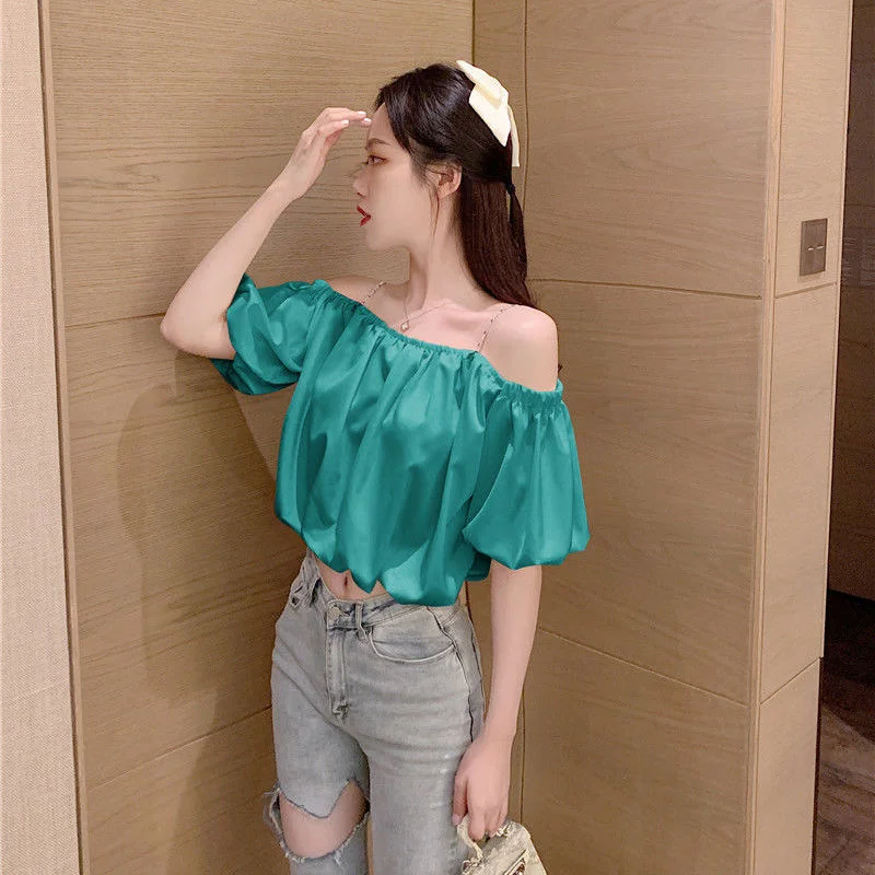 Sdrawing Top Blouse Women Off Shoulder Puff Sleeve Tee Shirt Thin Strap Chiffon Blouses Club Evening Party Clothes Cropped Tops
