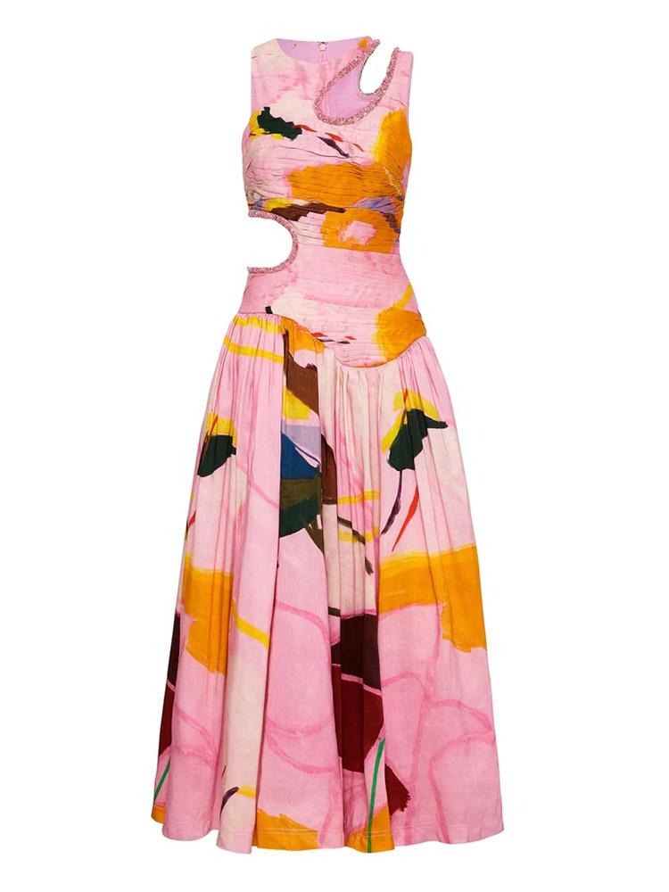 Rainbow Print Hollow Out Maxi Dresses For Women Round Neck Sleeveless High Waist Folds Hit Vestidos Female New Fashion Clothing LANFUBEISI