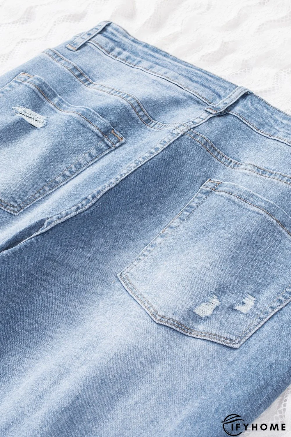 Sky Blue Distressed Holes Frayed Hem Plus Size Jeans | IFYHOME