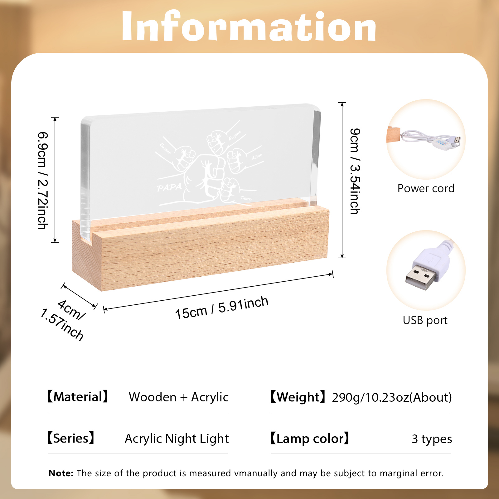 À mon Papa/Papi- Lampe de chevet LED Poings 5 Prénoms Personnalisés