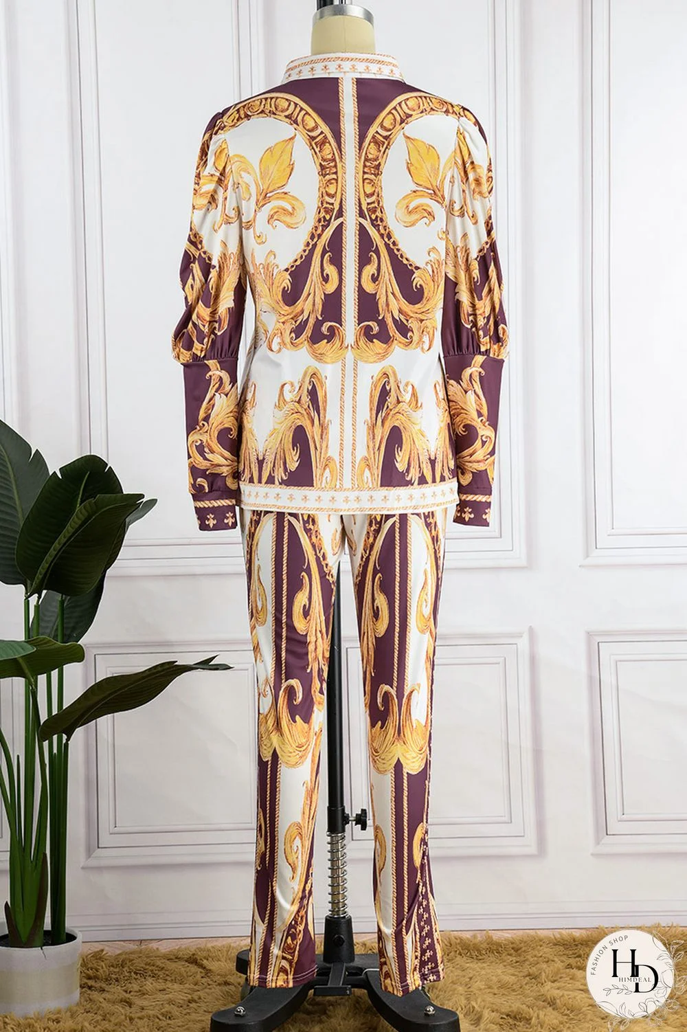 Brown Casual Print Patchwork Turndown Collar Long Sleeve Two Pieces