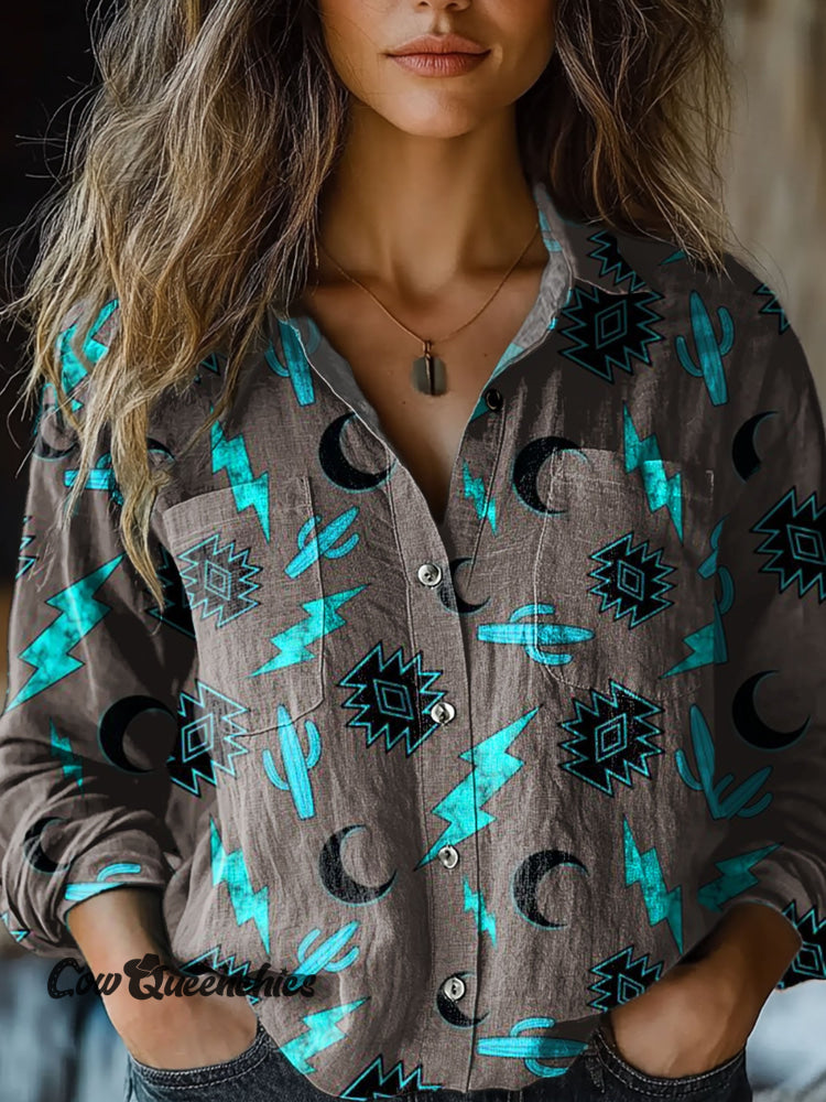 Women’s Vintage Cactus Aztec Print Casual Long Sleeve Comfortable Cotton Shirt Multicolor / S