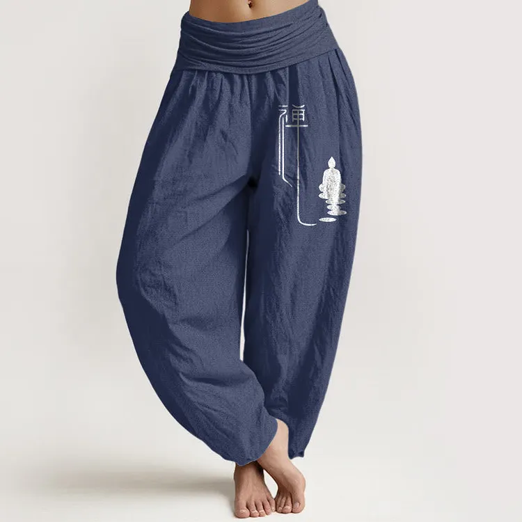 Zen Buddhist Pattern Women's Elastic Waist Harem Cotton Pants