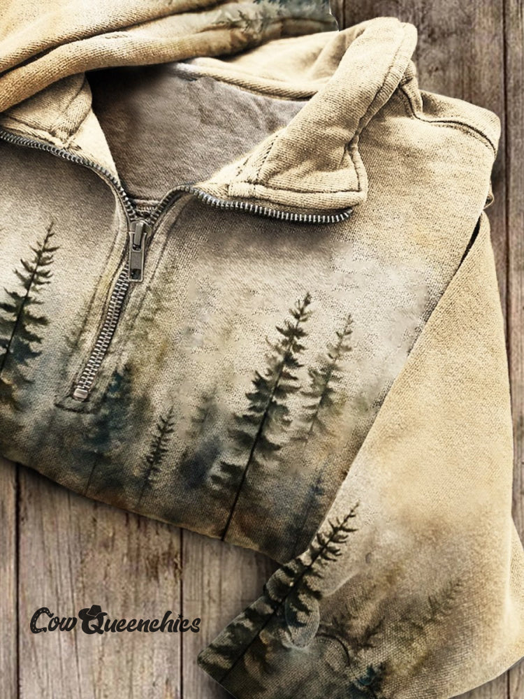 Winter Print Casual Long Sleeve Zip Sweatshirt Multicolor / S