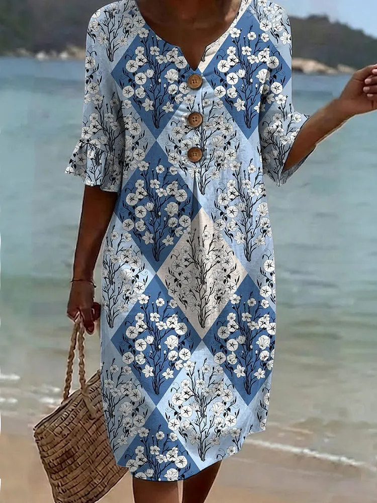Women's Vintage Flower Pattern Print Casual Button-down Cotton Dress