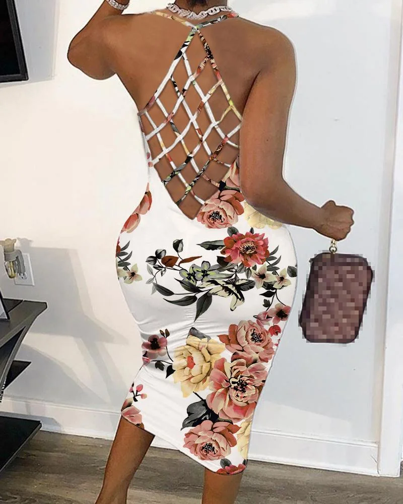 Floral Print Cross Fishnet Backless Sleeveless Bodycon Dress