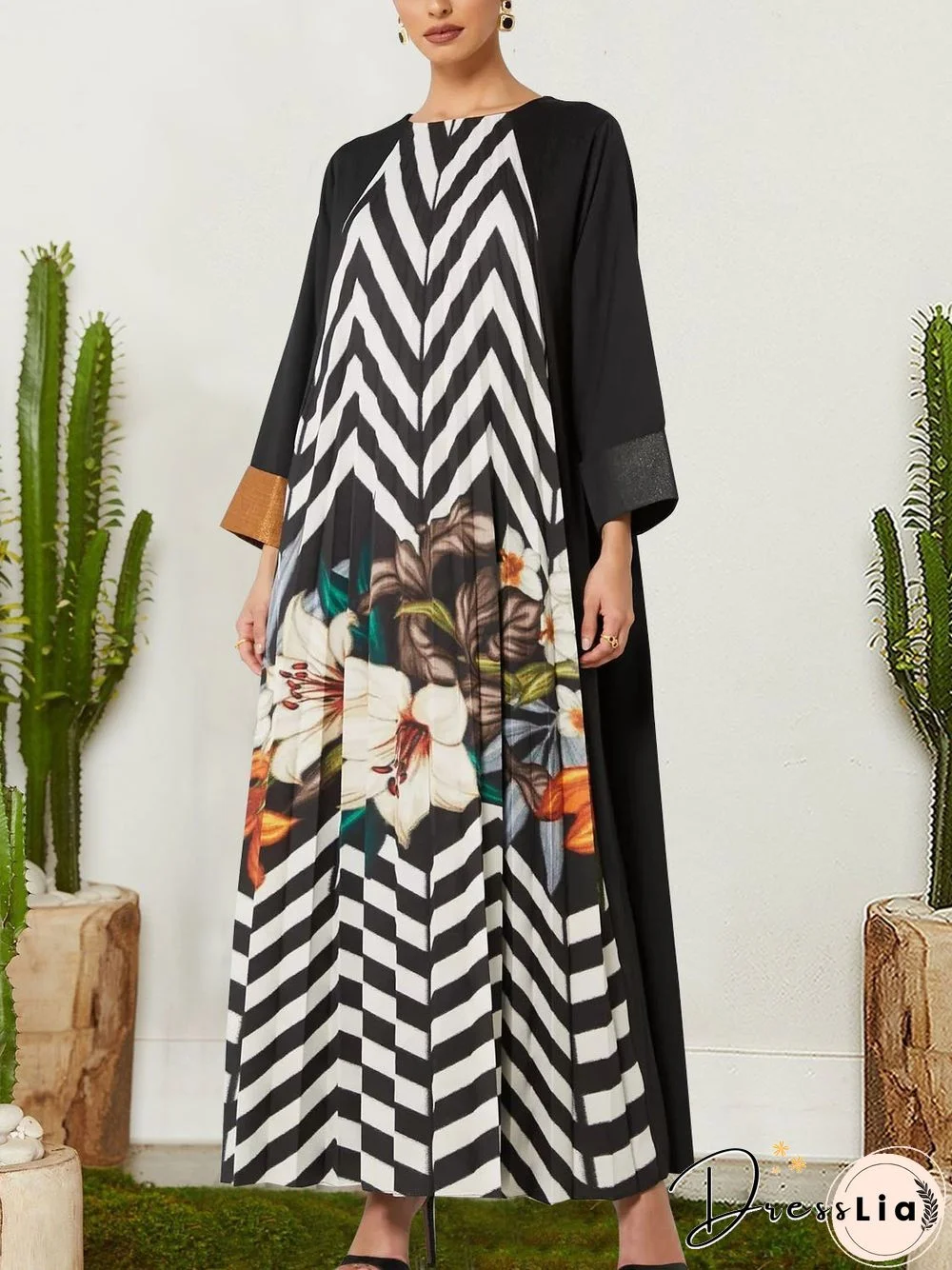 Striped And Flower Printed Robe Dress