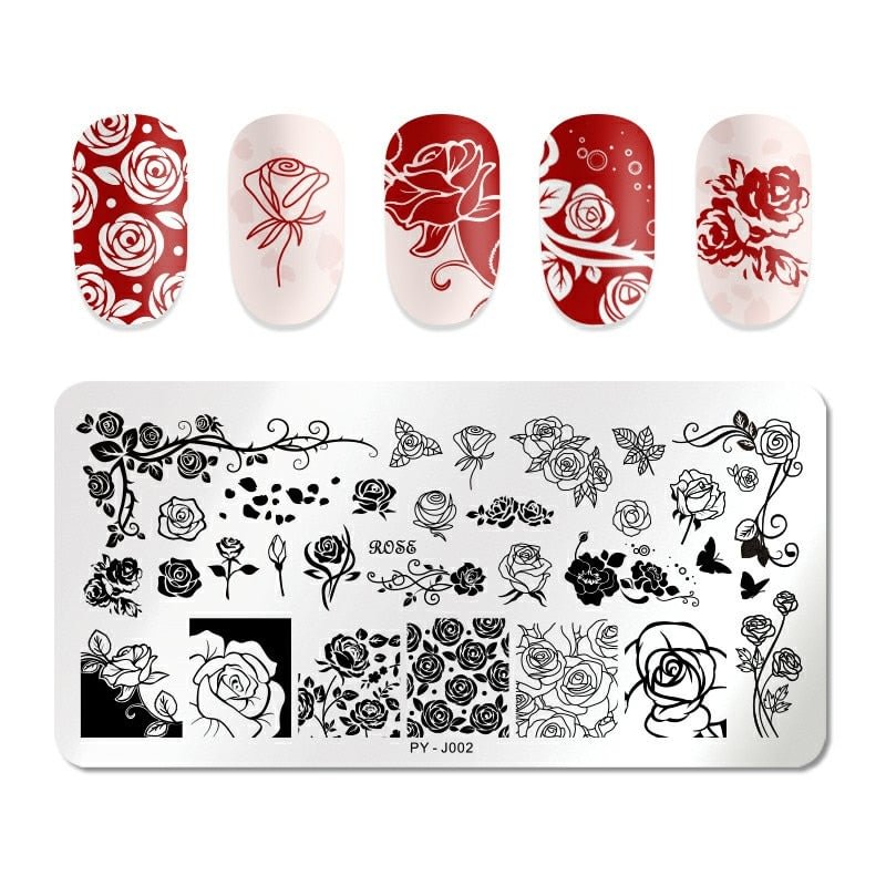 PICT YOU Rectangle Stamping Plates Rose Flower Series Image Design Stamp Stainless Steel Nail Art Design Template Tools J002