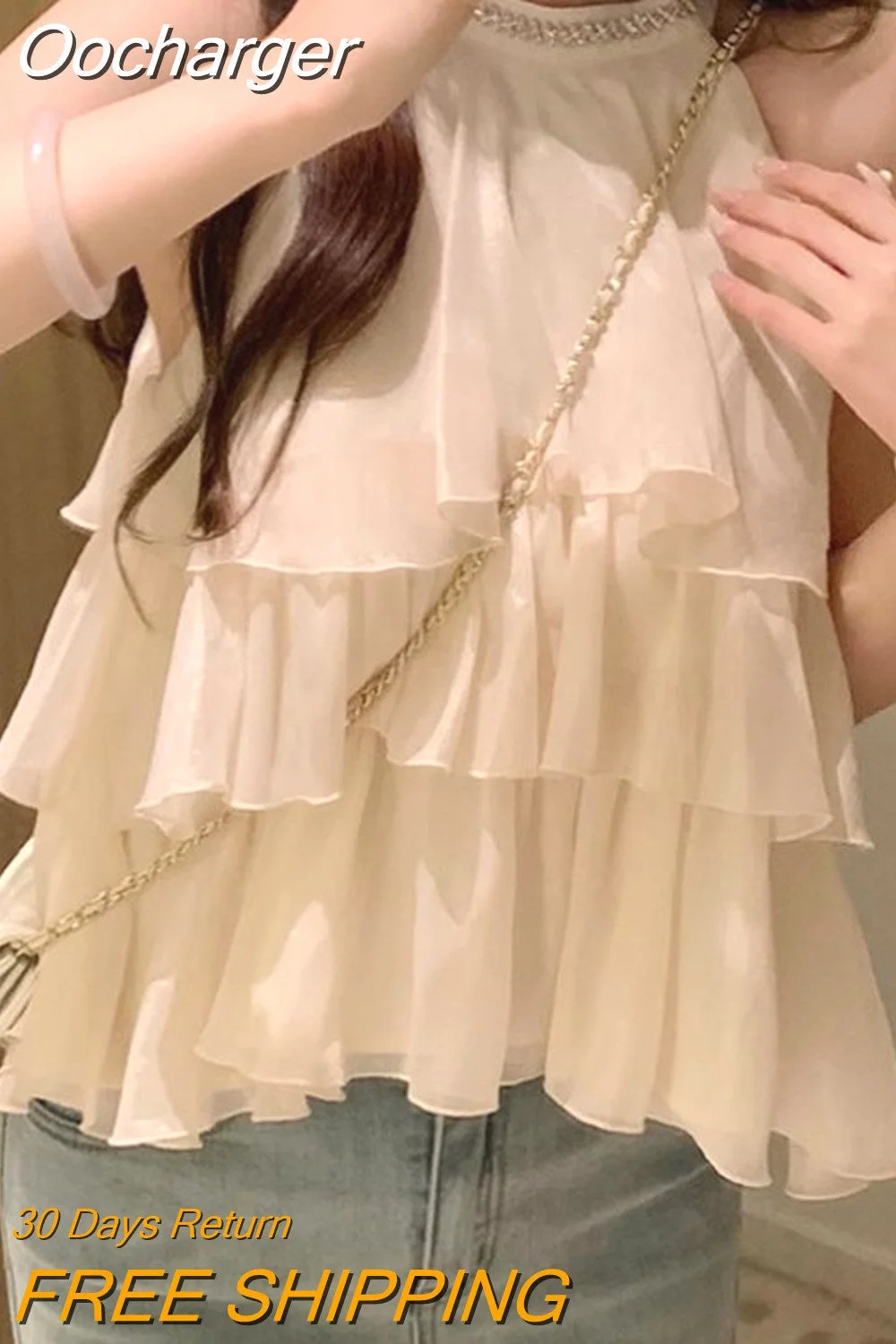 Oocharger Halter Ruffles Blouses Women Tops Solid Summer Korean Fashion Sweet Blusas Mujer Sleeveless Loose Vintage Shirts