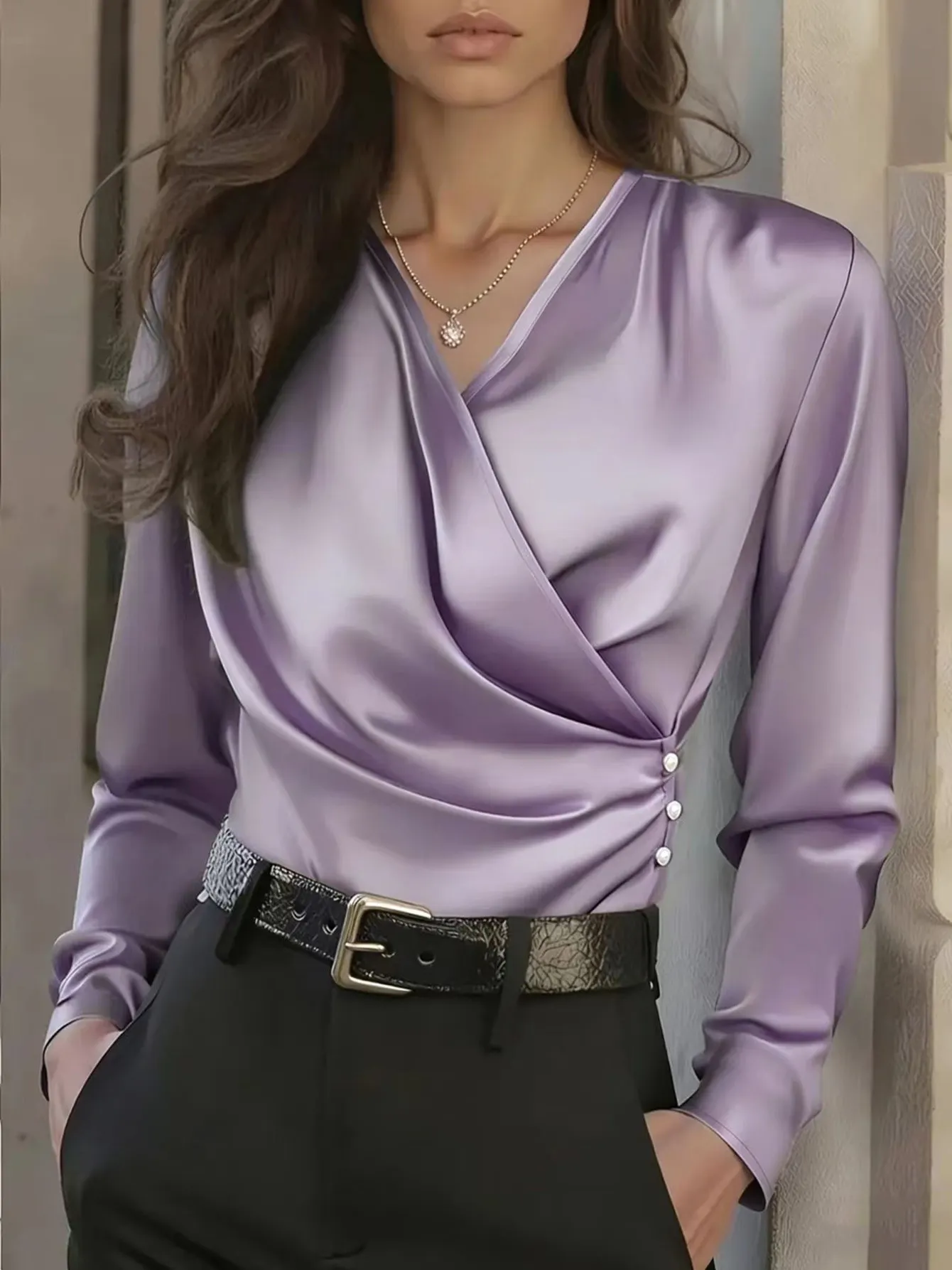 Wrap V Neck Ruched Side Pearl Button Slim Fit Satin Long Sleeve Commuter Blouse