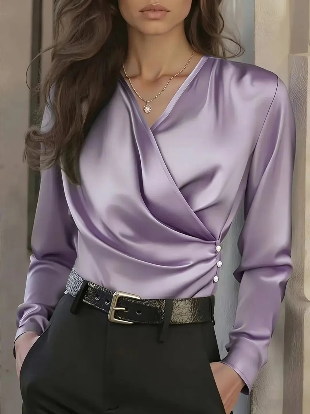 Wrap V Neck Ruched Side Pearl Button Slim Fit Satin Long Sleeve Commuter Blouse