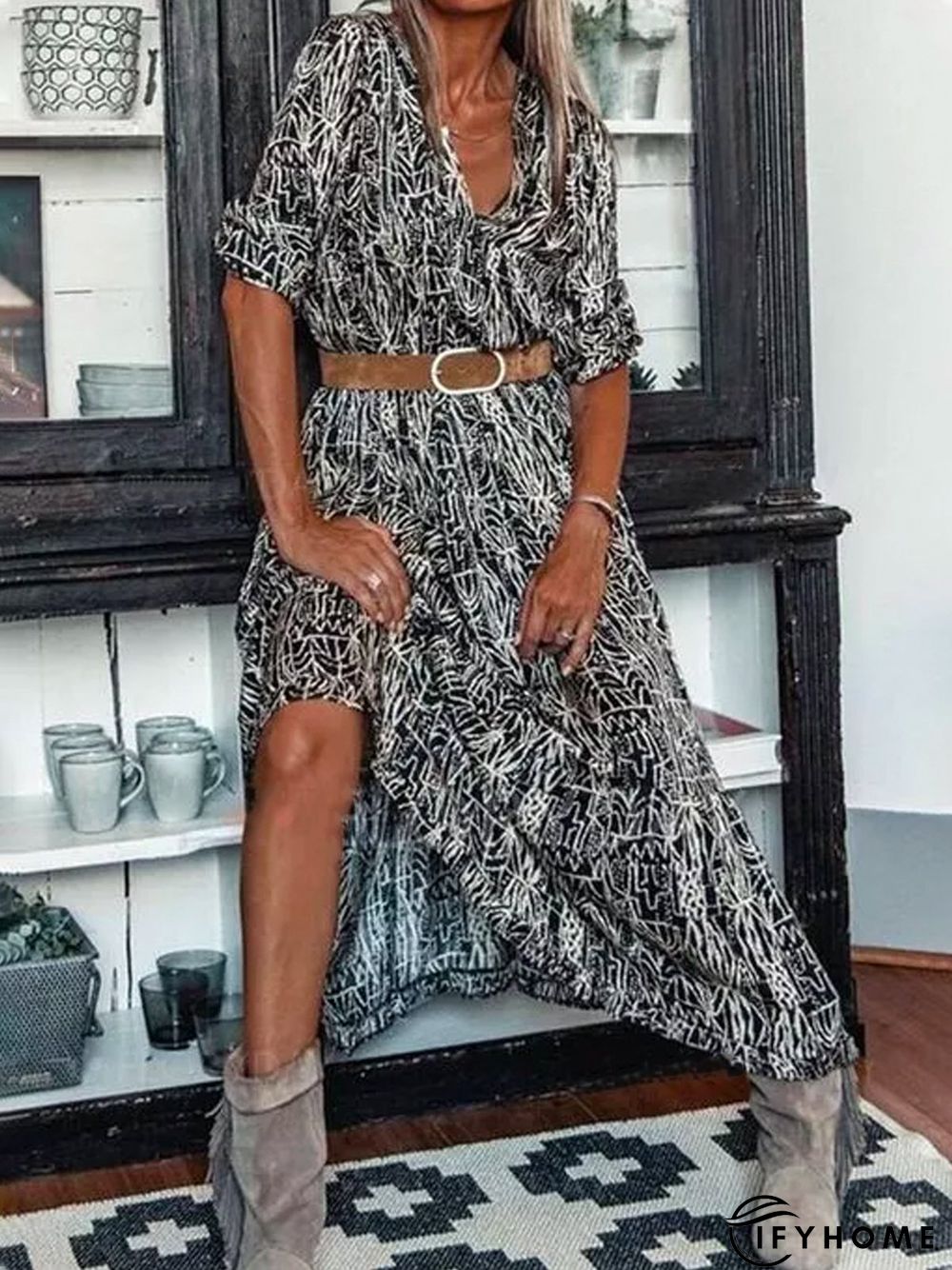 Casual V Neck Floral-Print Weaving Dress | IFYHOME