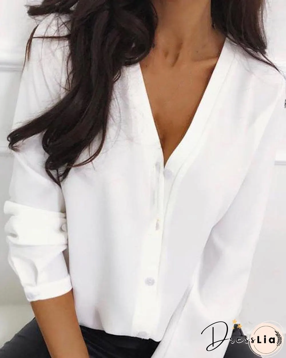 V Neck Chiffon Button Up Blouse P16120