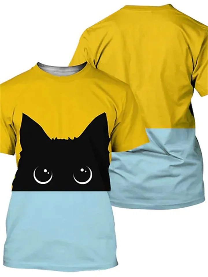 Casual Short-sleeved Men's T-shirt Round Neck Cat Design 3D Print Khaki Yellow Black Brown-Cosfine