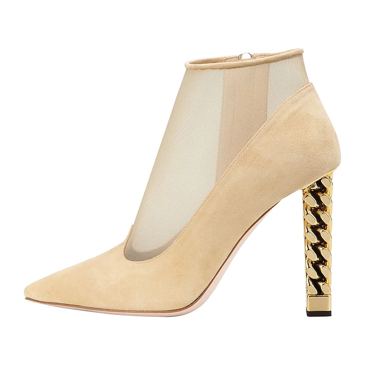 Beige Suede and Mesh Metal Heel Ankle Booties |FSJ Shoes