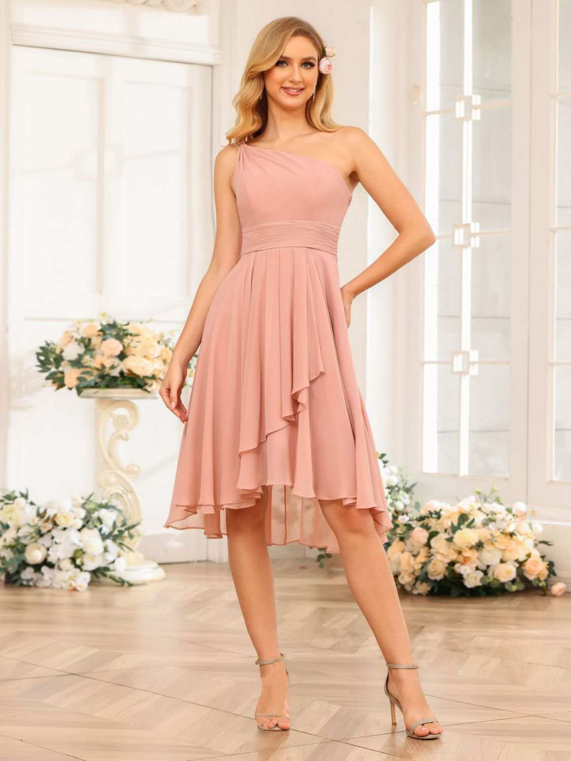 Lussooy Chiffon One-Shoulder Dark Pink Knee-Length Short Homecoming Dress  