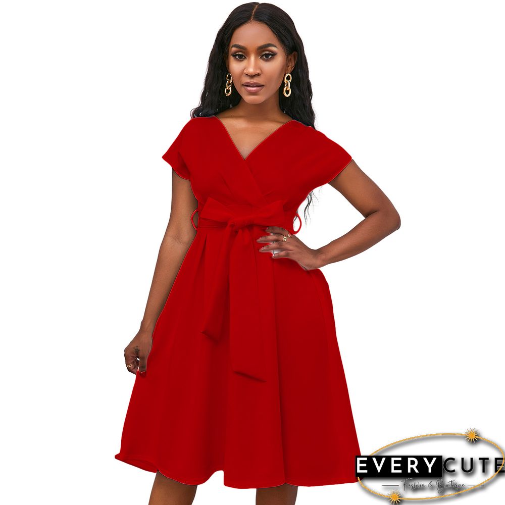 V-neck Solid Color Waist Bow Tie Dress White Dresses