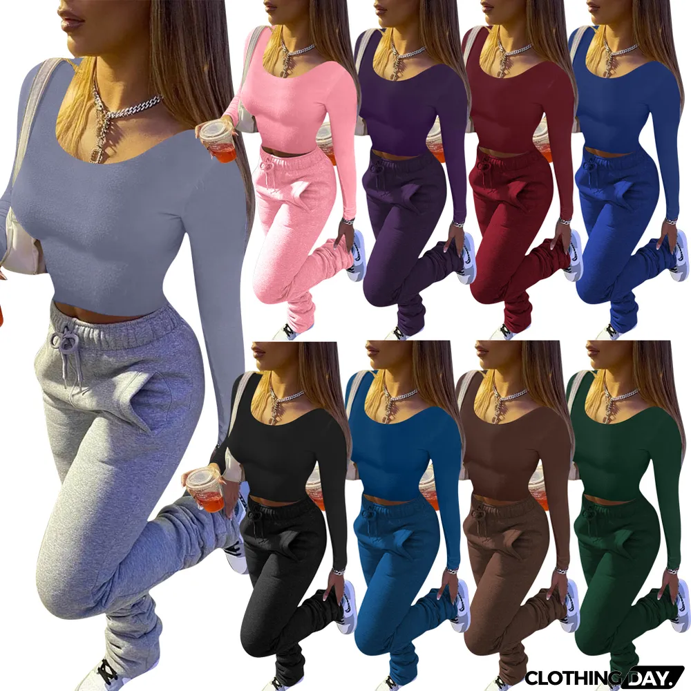 Winter Casual Solid Color Crop Top and Track Pants Set