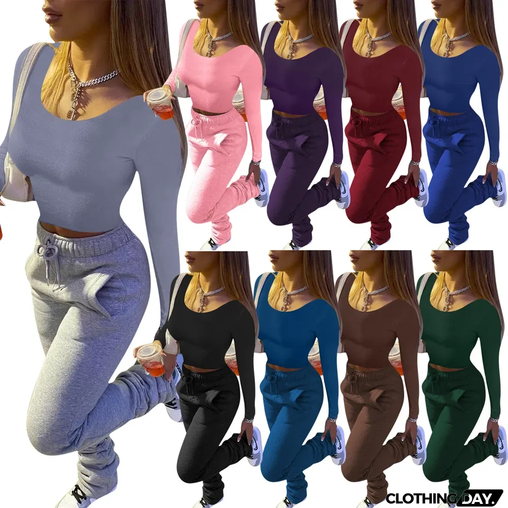 Winter Casual Solid Color Crop Top and Track Pants Set