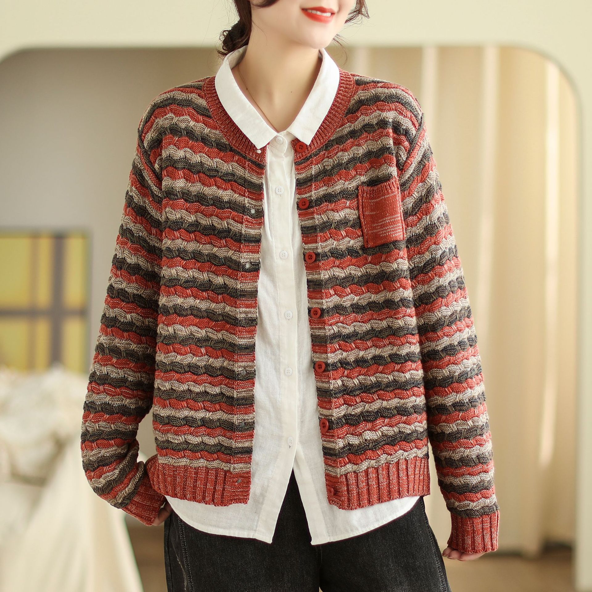 Retro Contrast Striped Long Sleeved Knitted Jacket wearshes