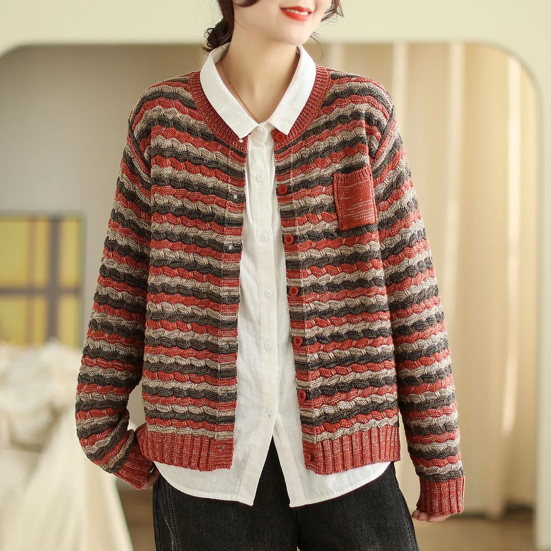 Retro Contrast Striped Long Sleeved Knitted Jacket
