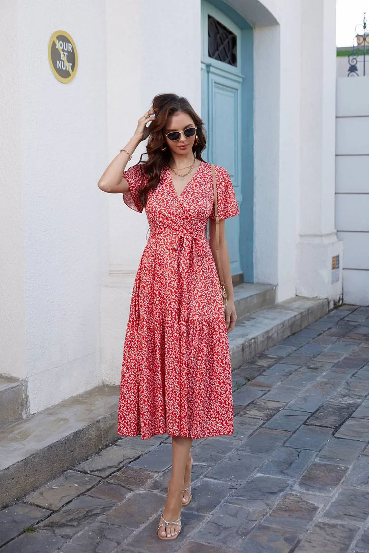 Women's New V-Neck Print Swing Vacation Dresses