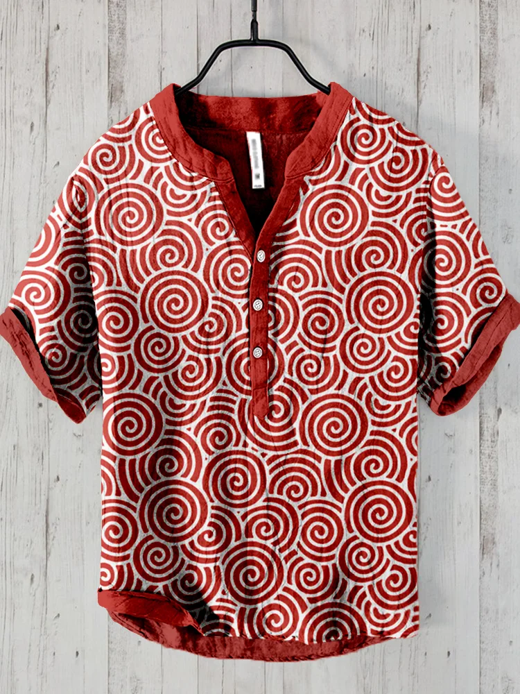Japanese Swirl Pattern Linen Blend Cozy Shirt