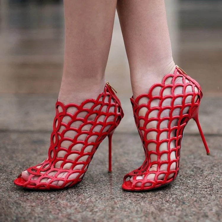 Red Patent Leather Stiletto Heels Peep Toe Caged Sandals |FSJ Shoes