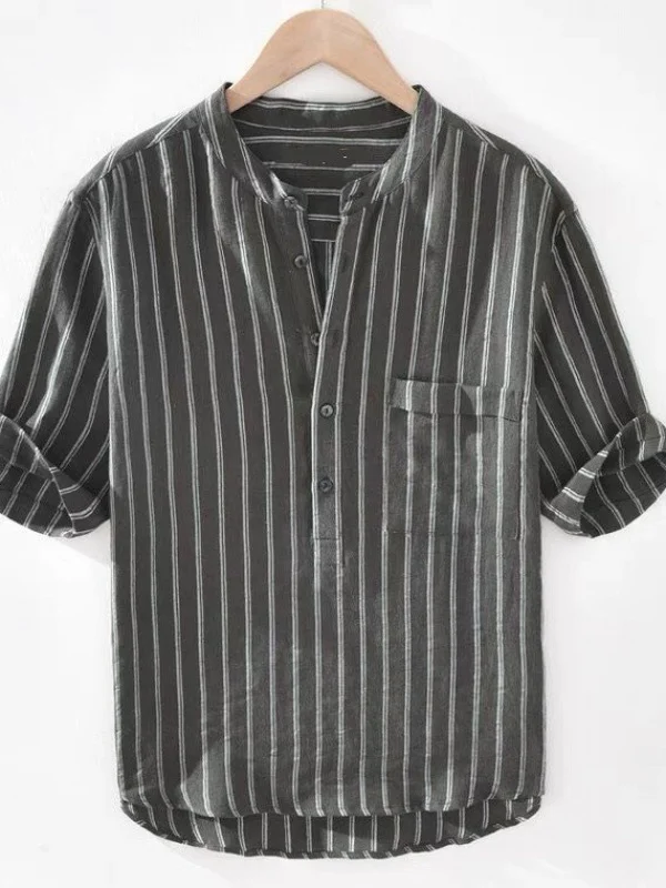 Men's Casual Striped Print Half Button Pocket Short Sleeve T-Shirt