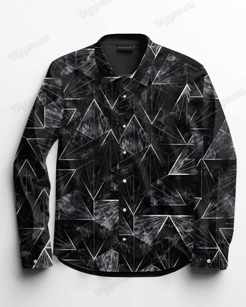 Business Geometric Visual Hierarchical Printed Long Sleeve Lapel Shirt 2 Piece Set Men's Plus Size