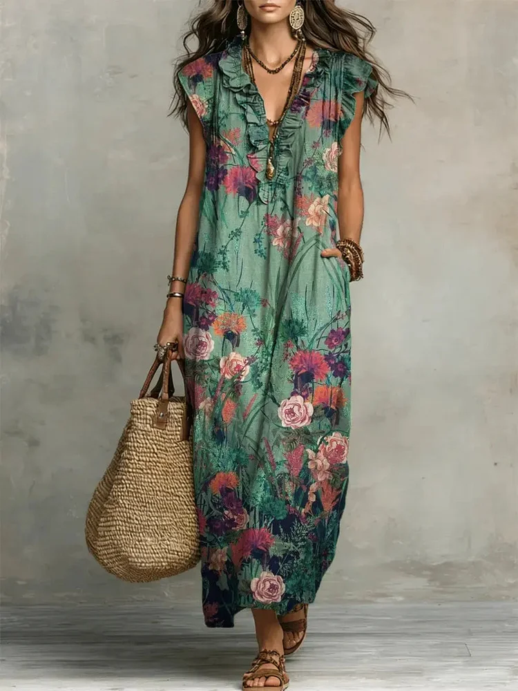 Women's Retro Floral Pattern Art Print Casual Ruffled Stylish Cotton Linen Dress
