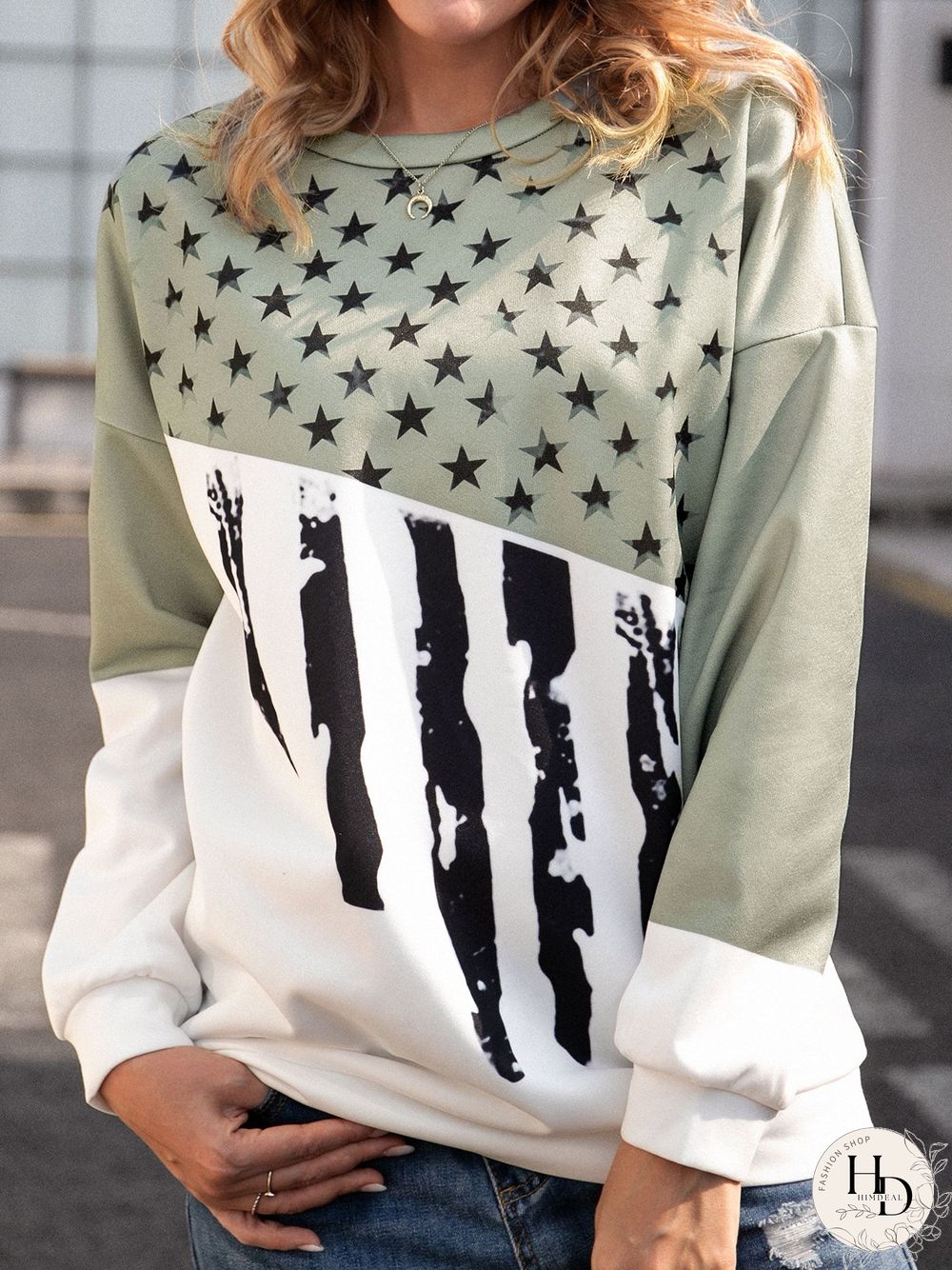Cotton-Blend Crew Neck Long Sleeve Sweatshirt