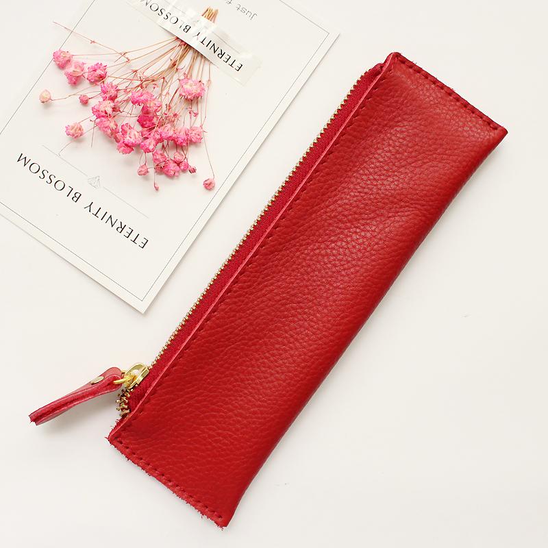 Fromthenon Litchi Grain Leather Pencil Case Vintage Zipper Bag For School High-quality Cowhide Pencil Bag Retro Gift Stationery