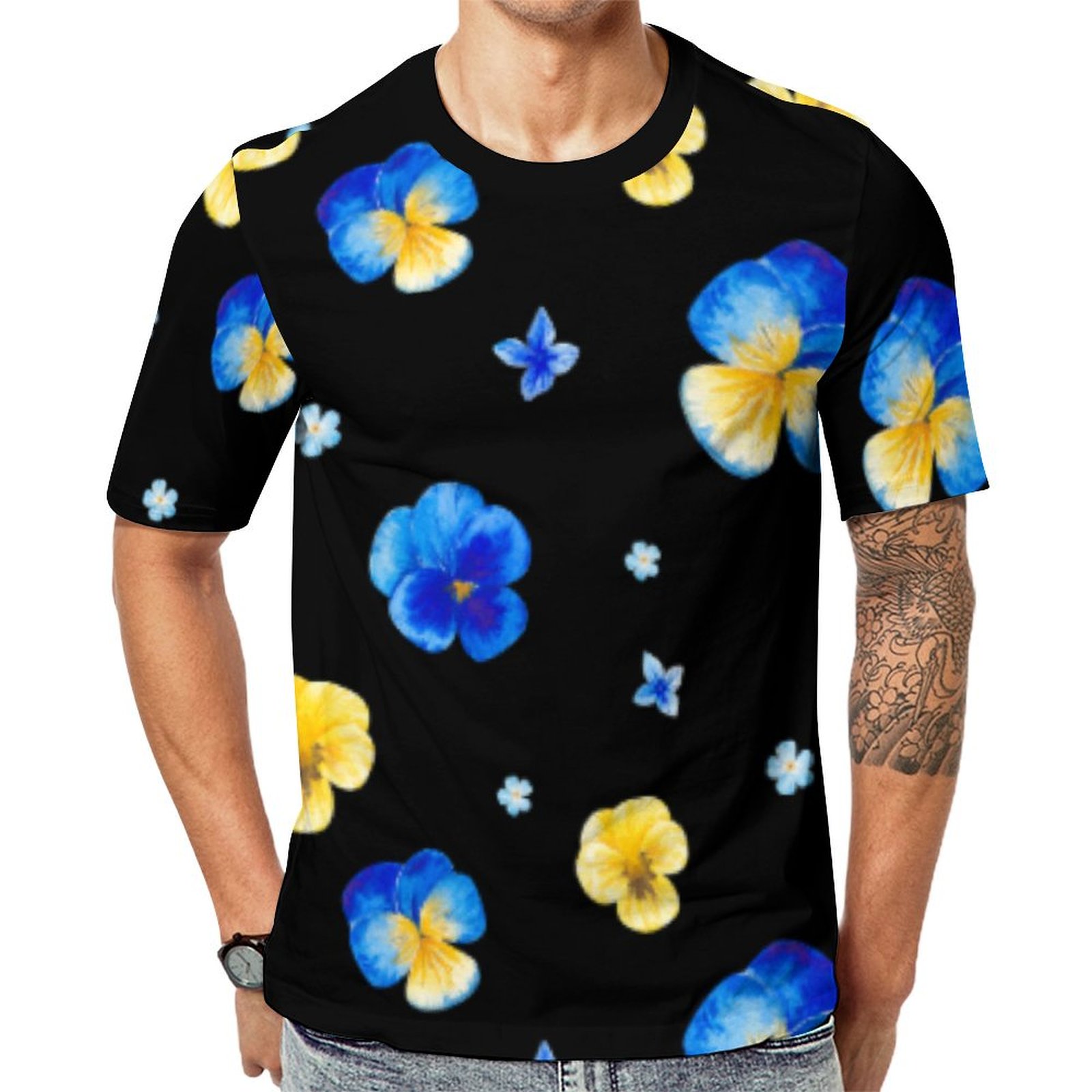 Blue And Yellow Watercolor Pansy Flowers Black Short Sleeve Print Unisex Tshirt Summer Casual Tees for Men and Women Coolcoshirts