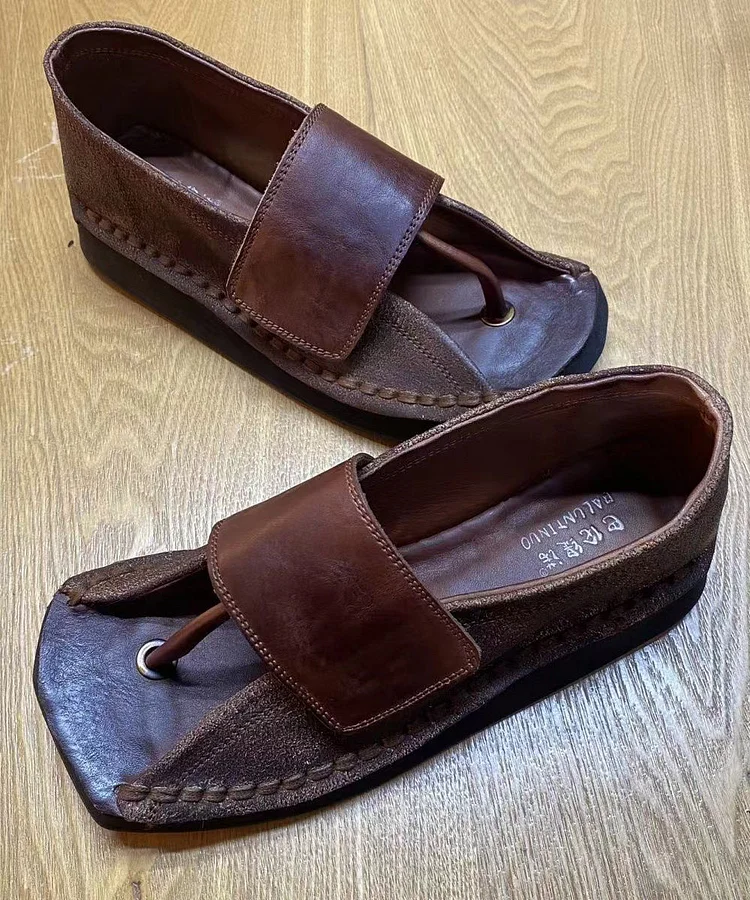 {Pre-Order Only in Summer}Chocolate Wedge Flip Flops Cowhide Leather Unique Splicing XC1042