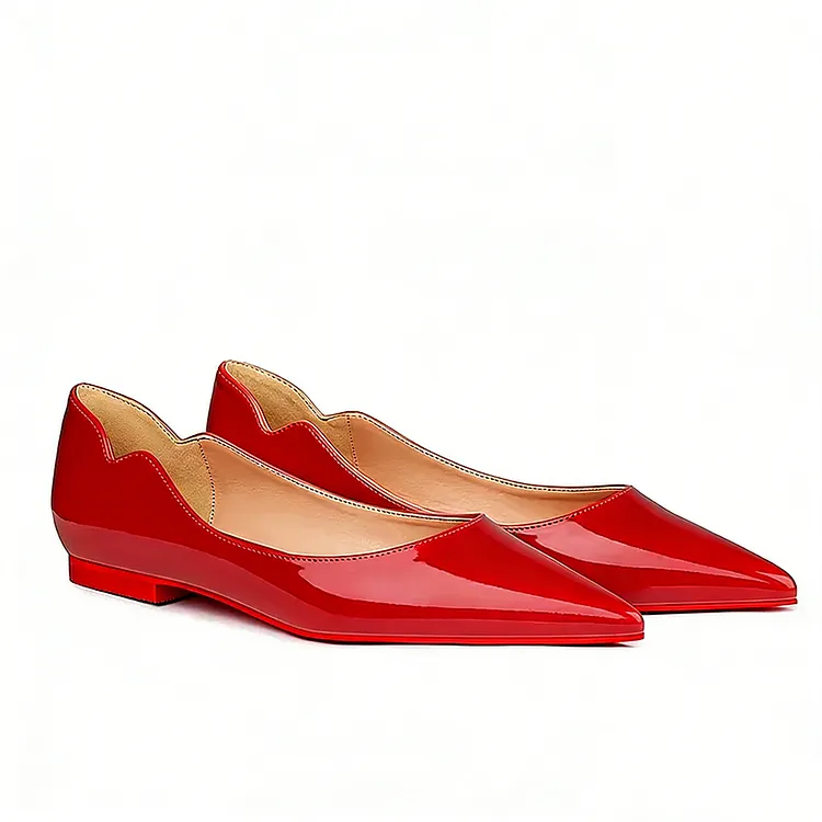 Women's Red Bottom Flat Shoes Pointed Toe Solid Color Patent Leather V-shaped Notches Shoes VOCOSI VOCOSI