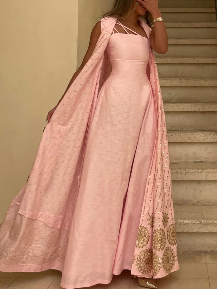 Two-piece set of pink sleeveless dress + bronzing printed cardigan فساتين