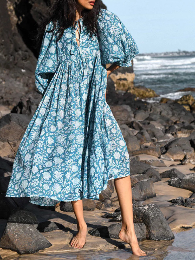 Floral Fashion Loose Casual Mid-sleeve Summer Cotton Dress