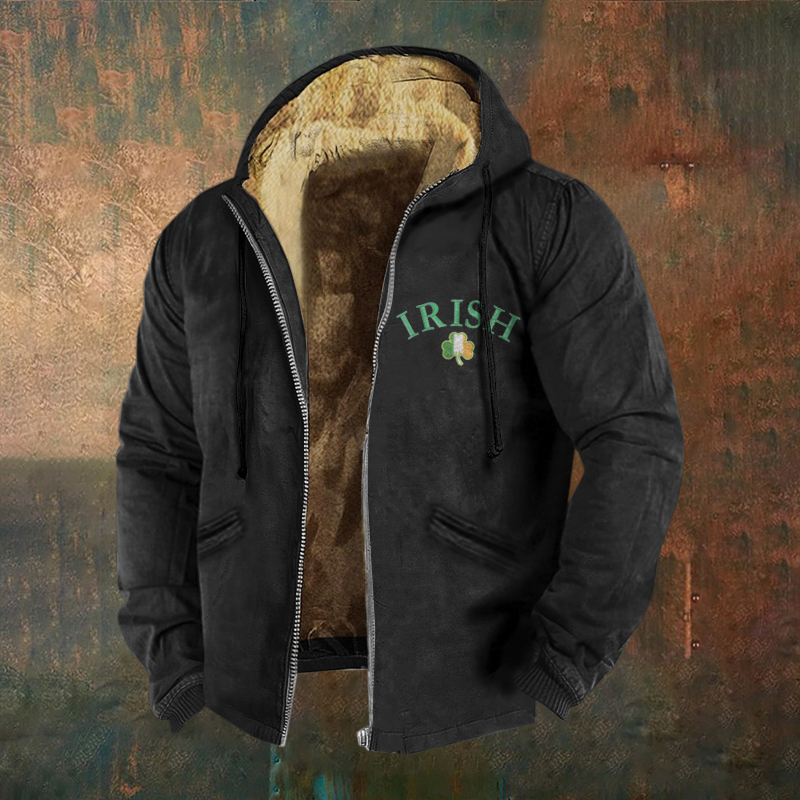 Comstylish Irish St Patricks Embroidery Pattern Vintage Casual Zip Hoodie
