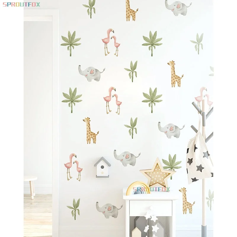 Cartoon Animal Baby Flamingo Elephant Giraffe Green Leaf Wall Stickers for Kids Room Living Room Baby Nursey Home Decoartion