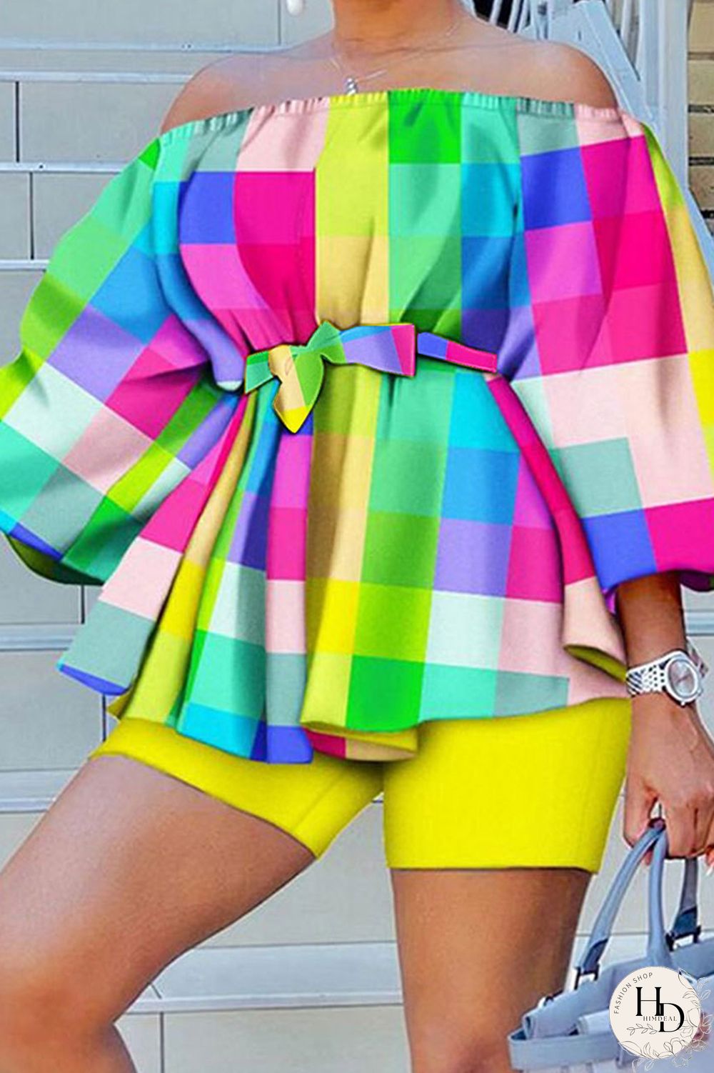 Yellow Casual Print Patchwork Off the Shoulder Long Sleeve Two Pieces