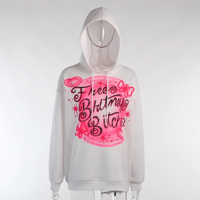 WannaThis Y2K Letter Print Women Hoodies Sweatshirts Cotton Pullover White Lace Up Pockets Cute Casual Long Sleeve Autumn Tops