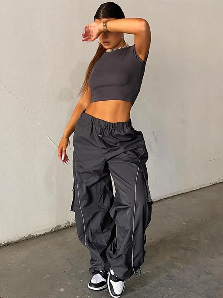 Jacqueline 2022 Drawstring Baggy Y2K Cargo Pants Women Low Waist Sweatpant Trousers Vintage Street Pockets Wide Leg Joggers Pant