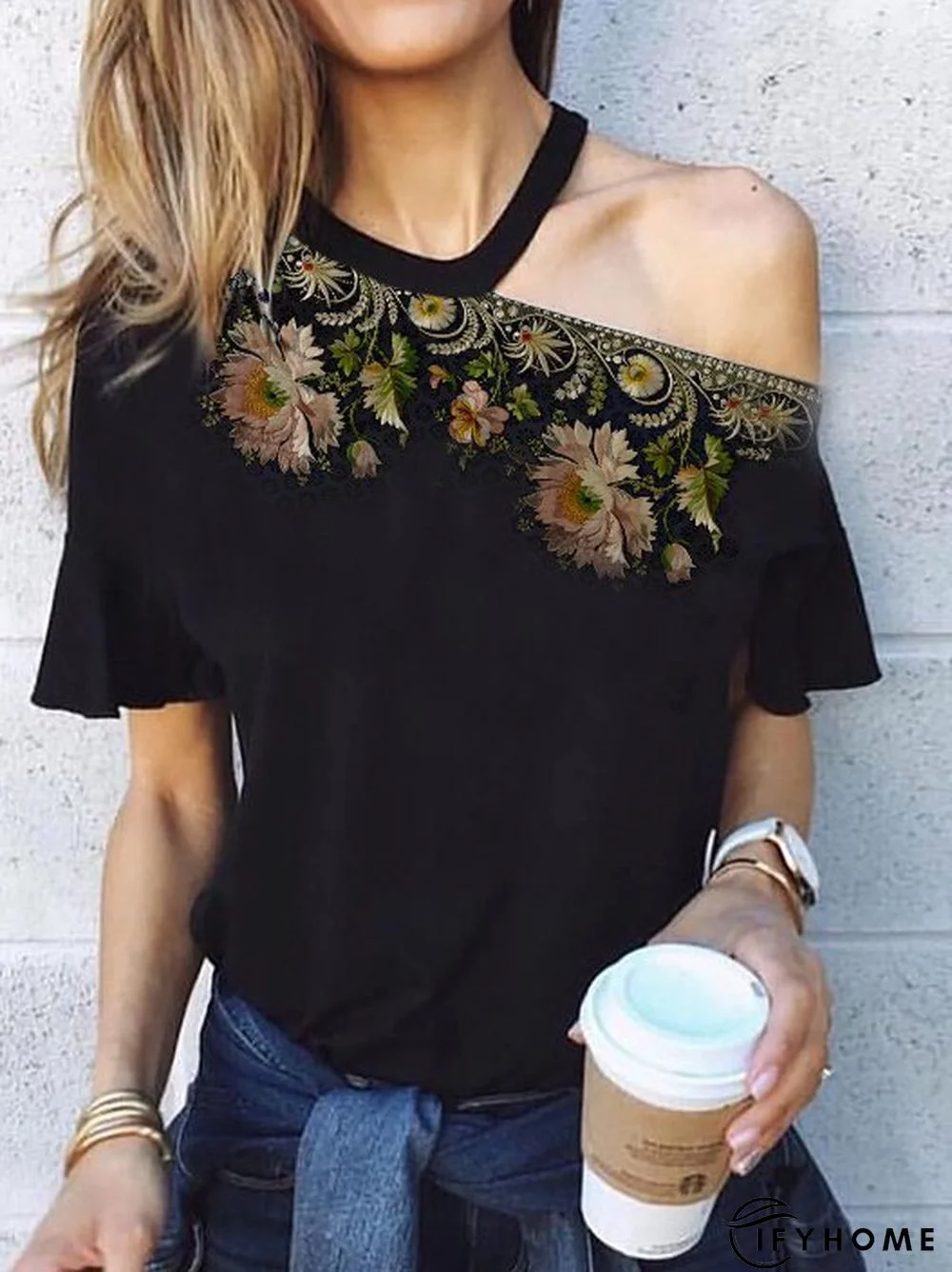 Casual Off Shoulder Cold Shoulder Shift Cotton-Blend T-shirt | IFYHOME