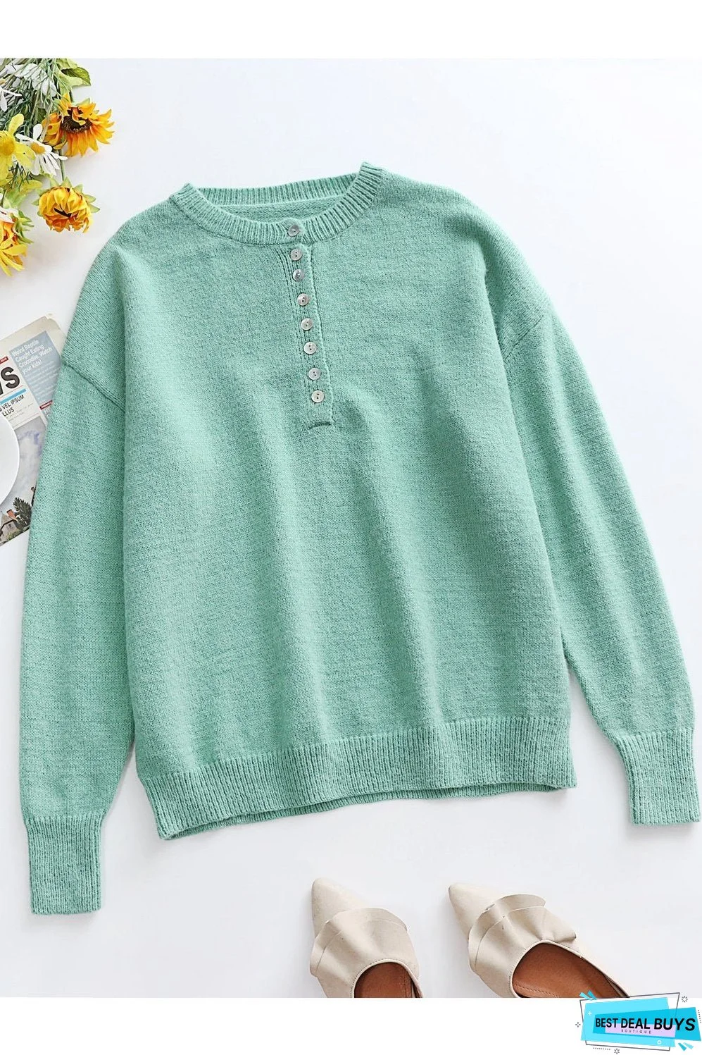 Half Button Long Sleeve Henley Sweater