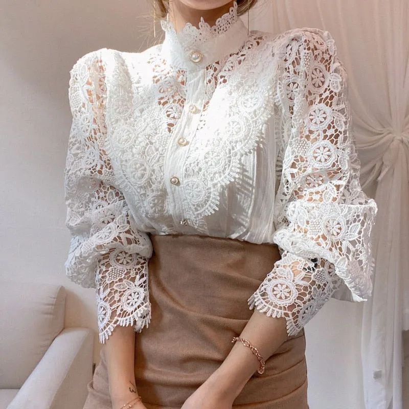 White Patchwork Shirt Button Hollow Out Tops Korean Chic Lace Blouse Women Flower Stand Collar Blusas Petal Sleeve Blouses 12419