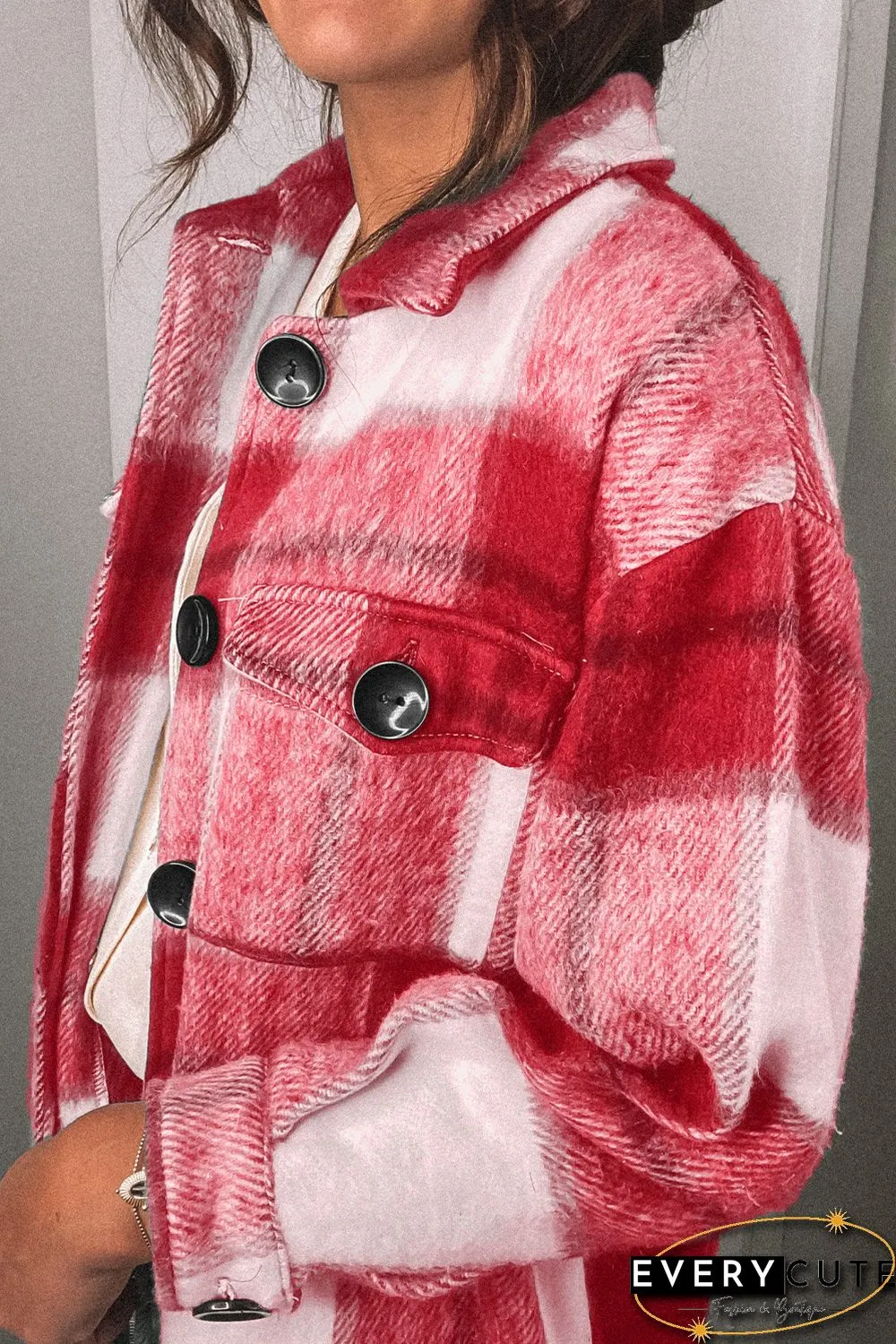 Red Shirt Collar Button Closure Plaid Coat