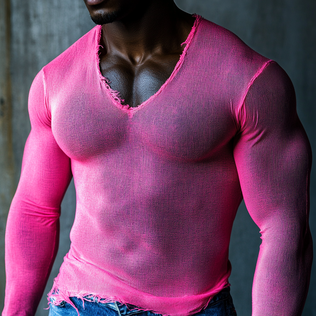  Stylish Pink V-Neck Long Sleeve Top for Men - Perfect for Casual and Fashionable Looks