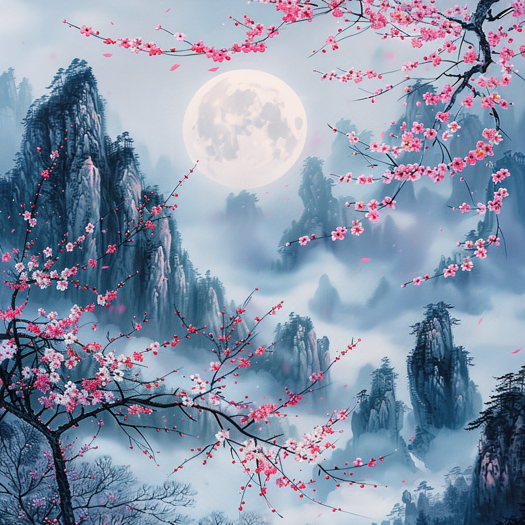 Cherry Blossom Moonlight Mountainscape Diamond Painting